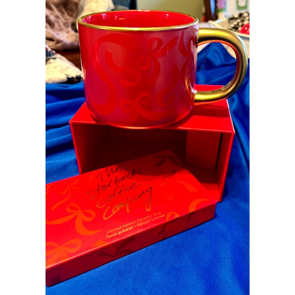 Starbucks Limited Edition Red Gold Ribbon Mug NIB Mint Condition